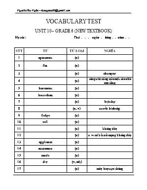Đề kiểm tra từ vựng Unit 10 môn Tiếng Anh Lớp 6 - Nguyễn Thu Ngân
